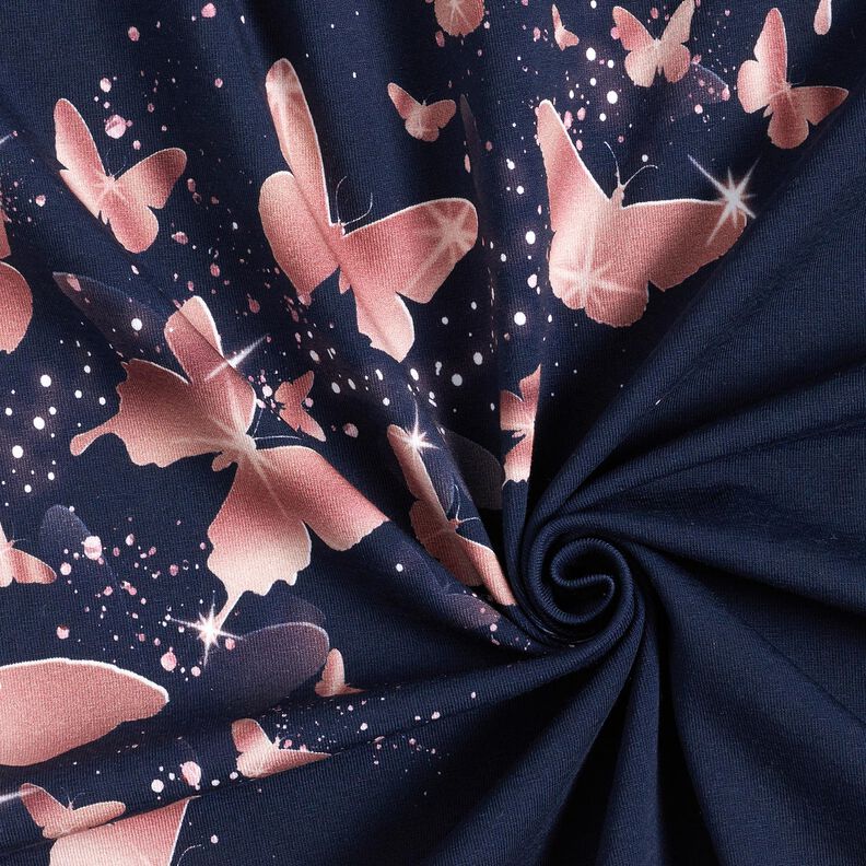 Jersey de algodão Borboletas brilhantes | Glitzerpüppi – azul-noite/rosa embaçado,  image number 3