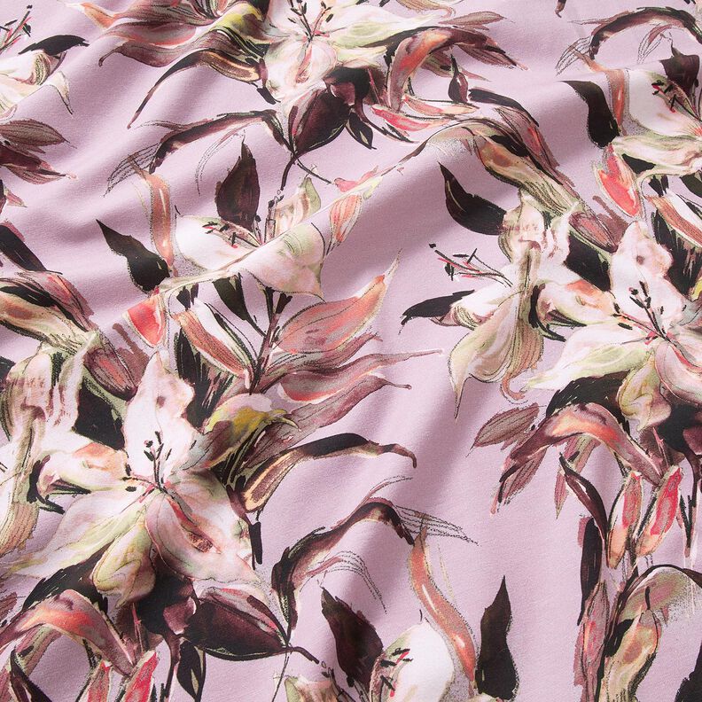 Jersey de algodão Lírios grandes Impressão digital – púrpura média/greige | Retalho 60cm,  image number 2
