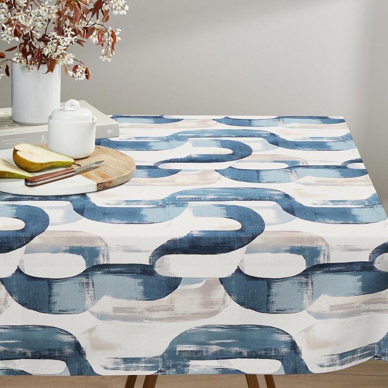 Tecido para decoração Meio linho Panamá Corrente abstrata – marfim/azul,  image number 8