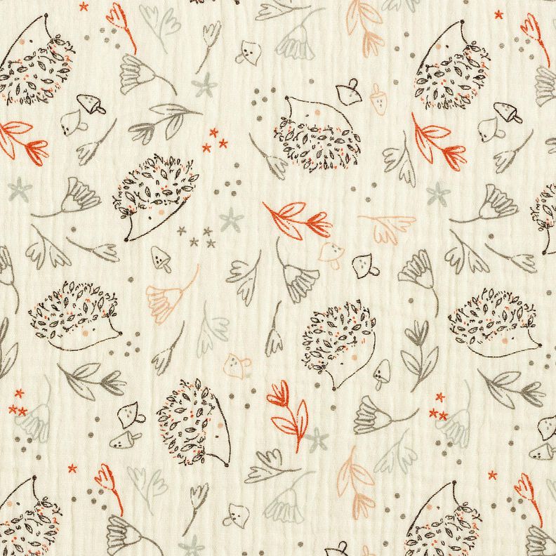 Musselina/ Tecido plissado duplo Ouriços e plantas florestais – branco sujo,  image number 1