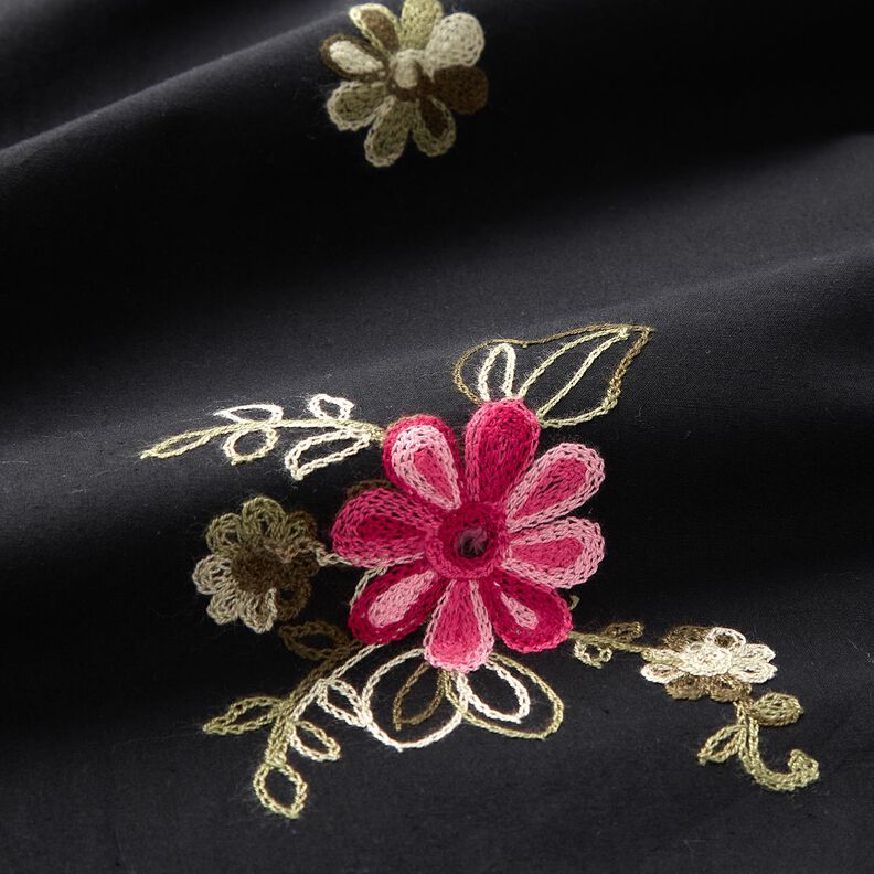 Popelina de algodão Bordado Ramos de flores – preto/baga,  image number 2