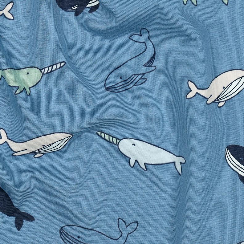 Jersey de algodão Baleias giras | Poppy Fabrics – cinza claro/azul-marinho,  image number 2