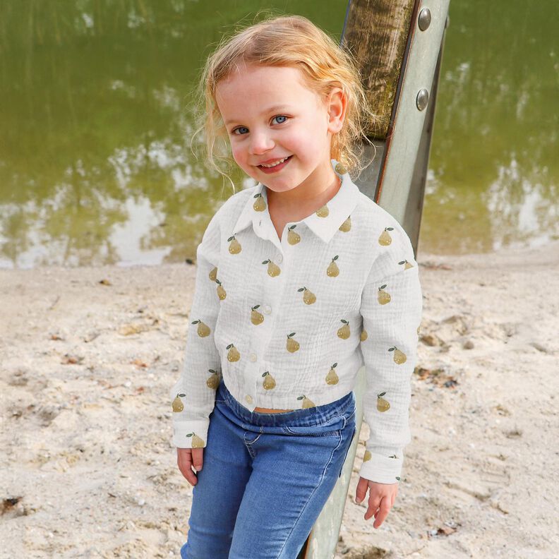 Musselina/ Tecido plissado duplo Pera Impressão Digital | Poppy Fabrics – branco/amarelo-azeitona,  image number 5