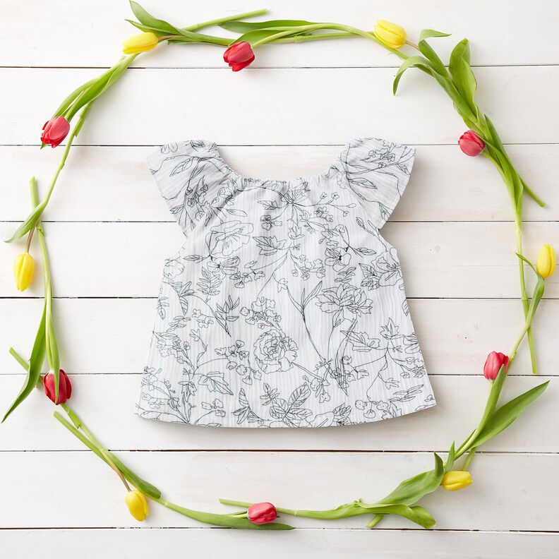 Musselina/ Tecido plissado duplo Prado de flores pintado &ndash; branco/preto,  image number 5