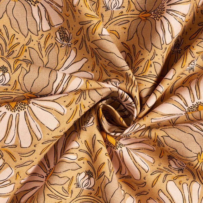 Tecido para decoração Meio linho Panamá Flores grandes – bege escuro/amarelo-caril,  image number 3