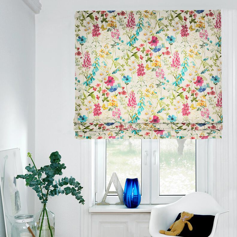 Tecido para decoração Meio linho Panamá Flores dos prados – natural/framboesa,  image number 8