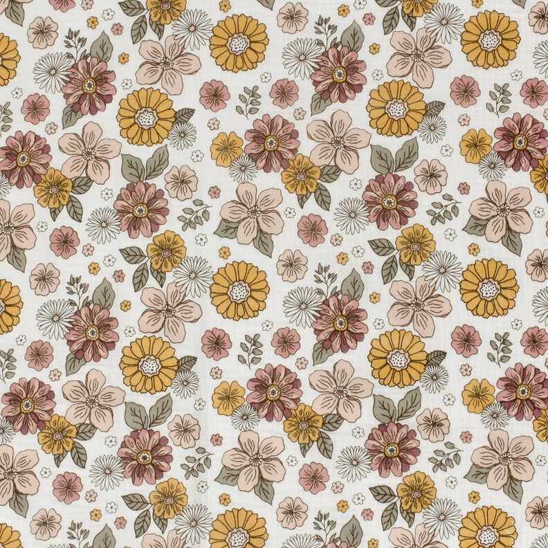 Musselina/ Tecido plissado duplo Flores Retro – branco,  image number 1