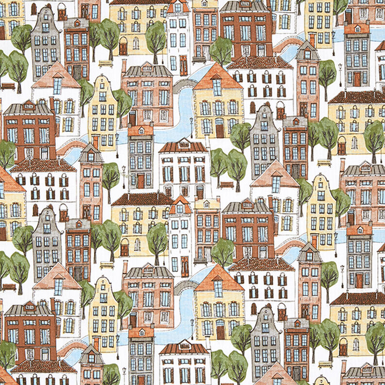 Tecido para decoração Meio linho Panamá Pequena cidade – branco sujo/oliva,  image number 1