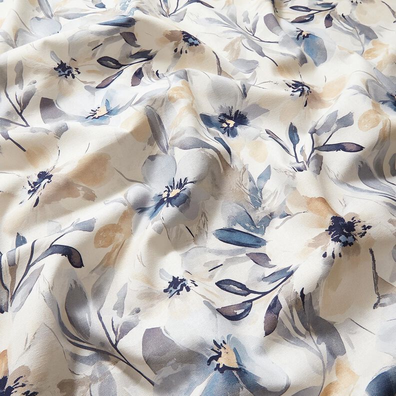 Tecido para decoração Meio linho Panamá Flores grandes – amêndoa/azul,  image number 2