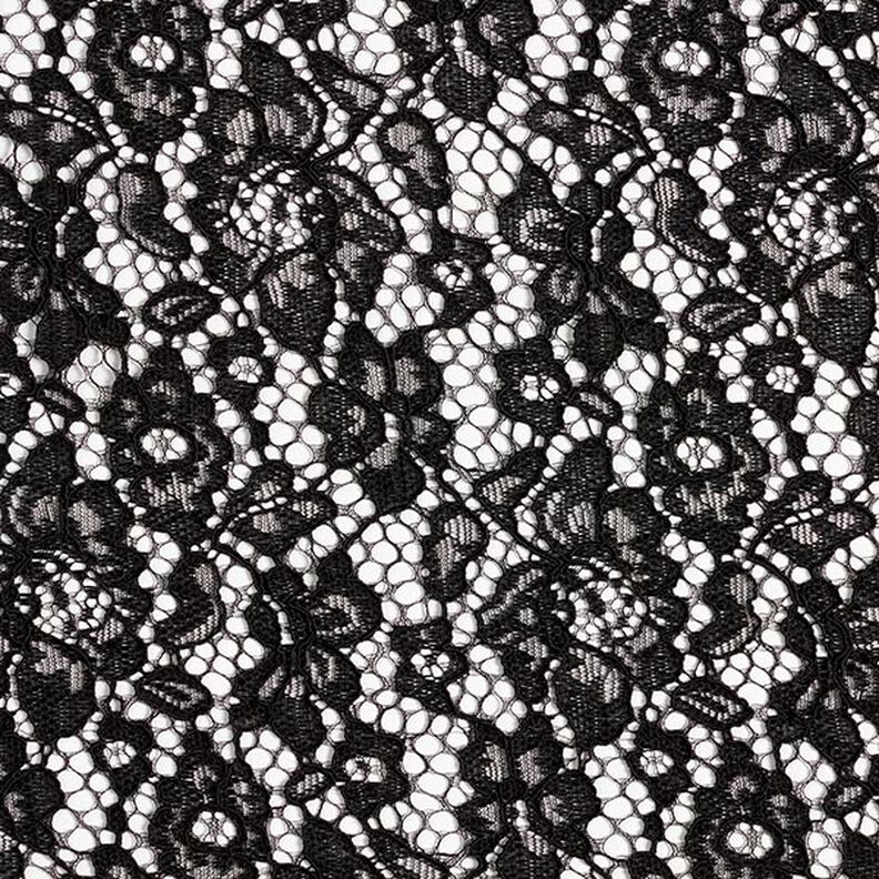 Tecido de renda às flores com rebordo arredondado em ambos os lados – preto,  image number 1