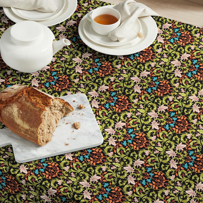 Tecido para decoração Meio linho Panamá Ornamentos de folhas – preto/verde-pinheiro,  image number 6