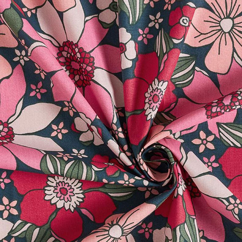 Tecido de algodão Cretone Flores retro – azul petróleo/rosa,  image number 3