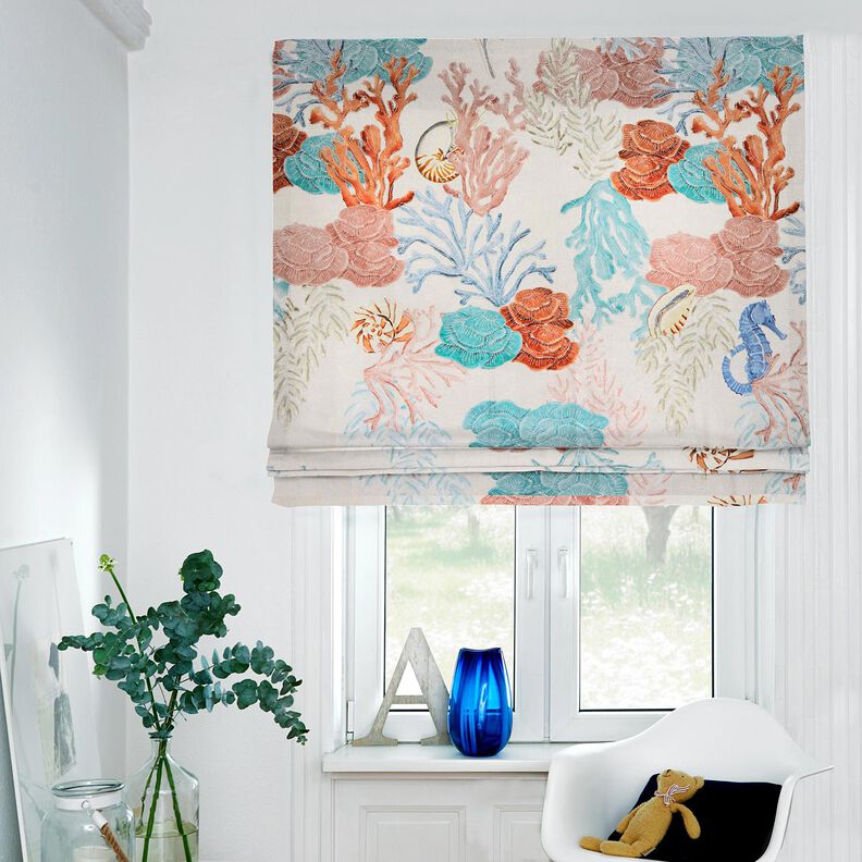 Tecido para decoração Meio linho Panamá Corais coloridos – taupe claro/azul marinho,  image number 7