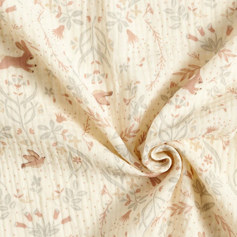 Musselina/ Tecido plissado duplo Pássaro e coelho no jardim em flor – branco sujo,  image number 3