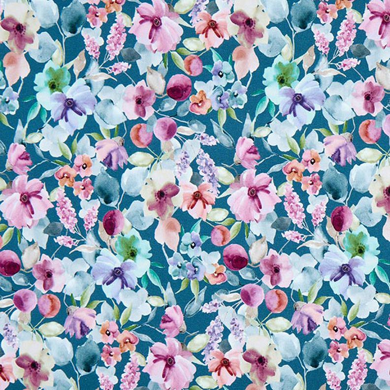 French Terry Sweat de verão Prado de flores aguarela Impressão Digital – azul-oceano,  image number 1