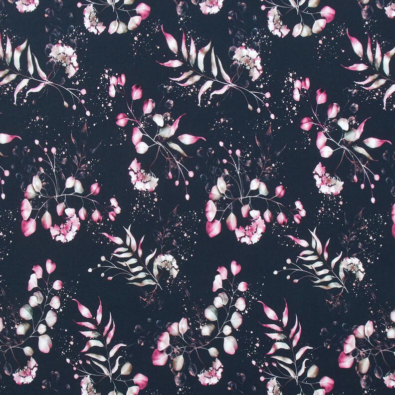 Jersey de algodão Eucalipto e hortênsias | Glitzerpüppi – azul-noite/rosa,  image number 1