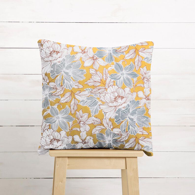 Tecido de algodão Cretone Flores grandes – mostarda/cinzento,  image number 6