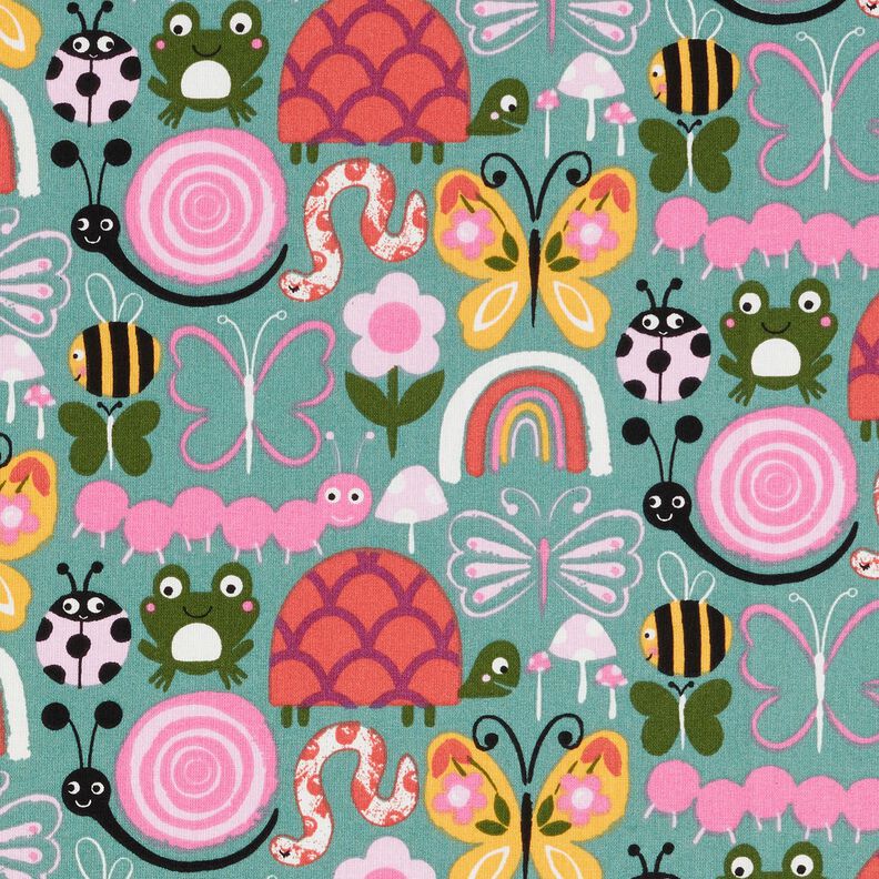 Tecido de algodão Cretone Borboletas e abelhas – eucalipto/rosa,  image number 1