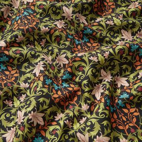 Tecido para decoração Meio linho Panamá Ornamentos de folhas – preto/verde-pinheiro, 