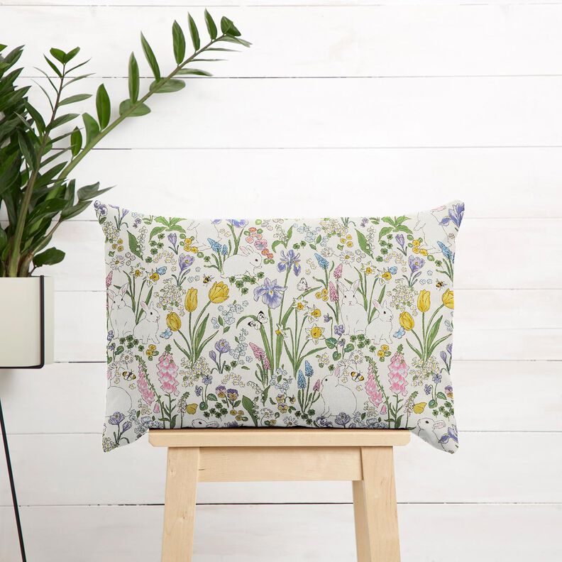 Tecido para decoração Meio linho Panamá Coelhinhos num prado florido – marfim/rosa-claro,  image number 7