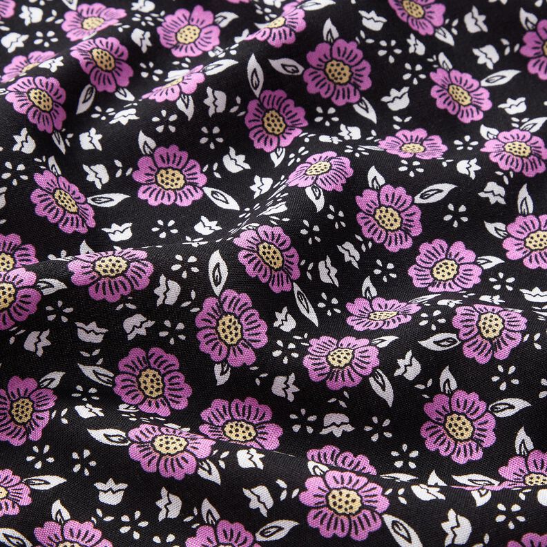Tecido de viscose Mar de flores – preto/púrpura média,  image number 2