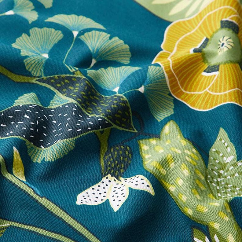 Tecido para decoração Meio linho Panamá Plantas tropicais – azul petróleo,  image number 2