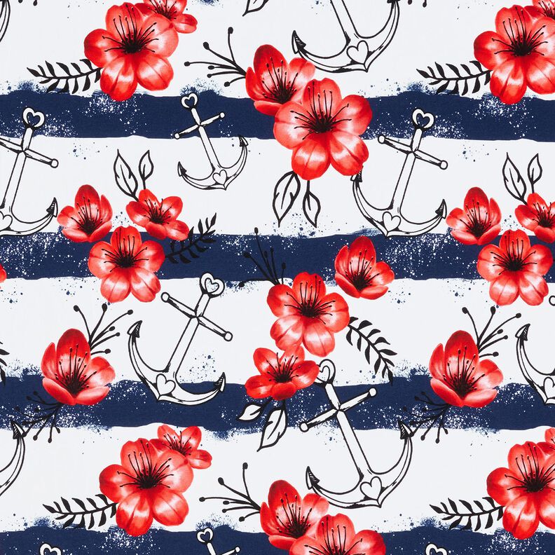 Jersey de algodão Flores e âncoras Riscas | Glitzerpüppi – branco/cor de malagueta,  image number 1