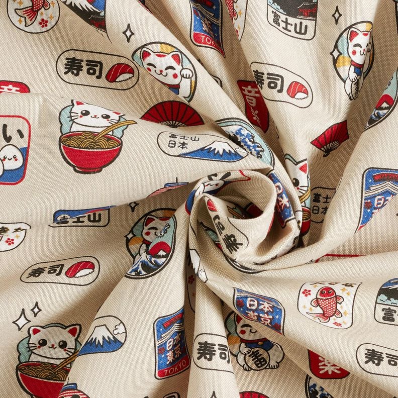 Tecido para decora&ccedil;&atilde;o Meio linho Panam&aacute; Petiscos asi&aacute;ticos &ndash; natural/azul,  image number 3