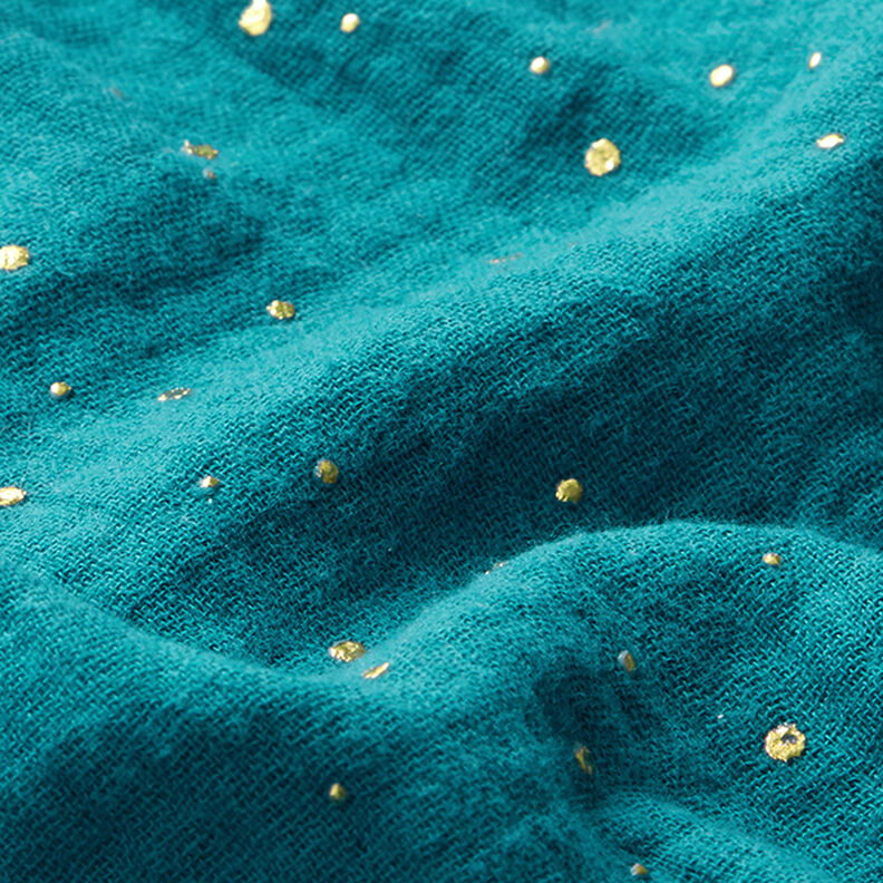 Algodão Musselina Sarapintas douradas espalhadas – azul petróleo/dourado,  image number 2