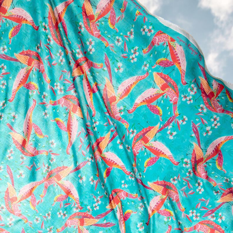 Moda de praia Tecido de viscose Pavões e flores – azul marinho/rosa intenso,  image number 6