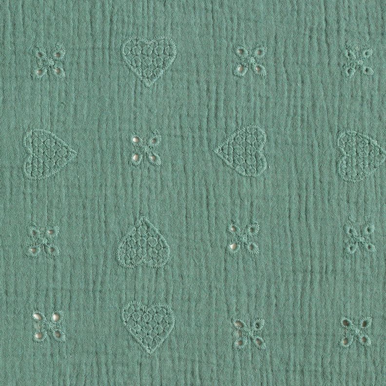Musselina/ Tecido plissado duplo Bordado inglês Corações – pinheiro azul,  image number 1