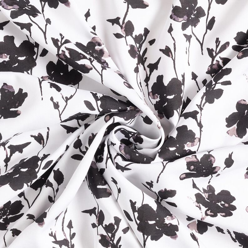 Tecido de viscose Estampado floral abstrato – branco/preto,  image number 3