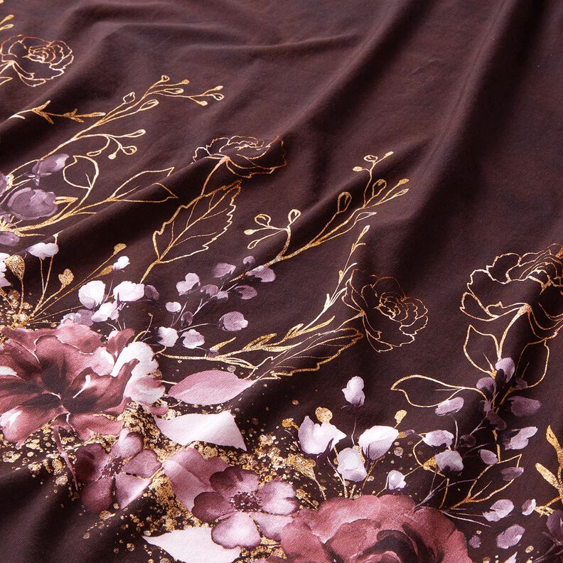 Jersey de algod&atilde;o Tecido com orla Flores com brilho dourado | Glitzerp&uuml;ppi &ndash; bord&ocirc;/vermelho violeta,  image number 2