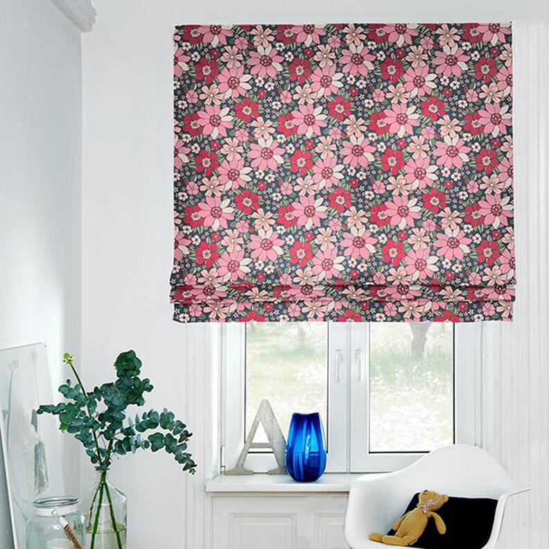 Tecido de algodão Cretone Flores retro – azul petróleo/rosa,  image number 7