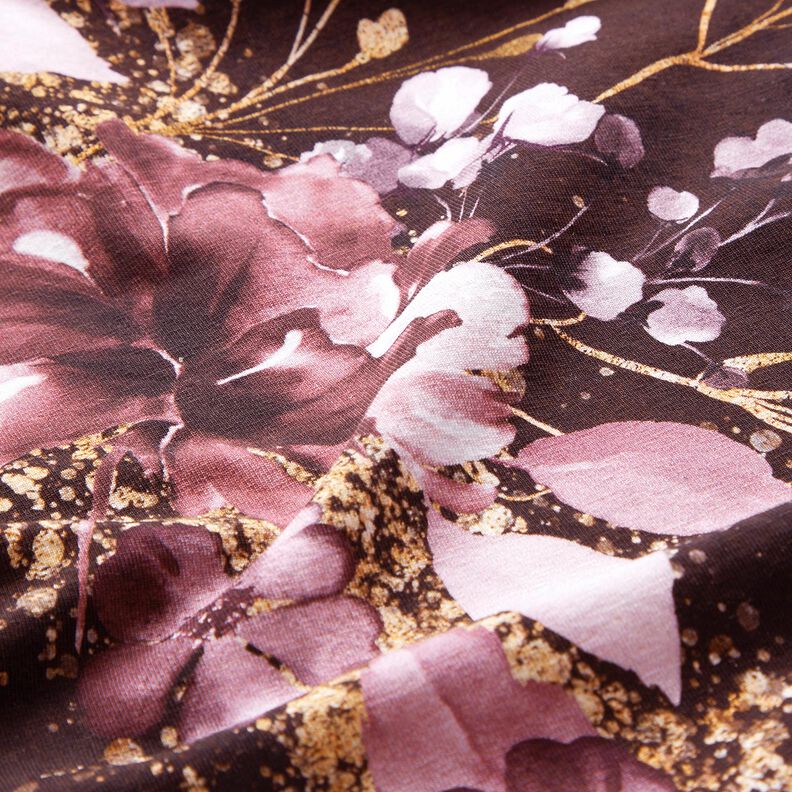 Jersey de algod&atilde;o Tecido com orla Flores com brilho dourado | Glitzerp&uuml;ppi &ndash; bord&ocirc;/vermelho violeta,  image number 7