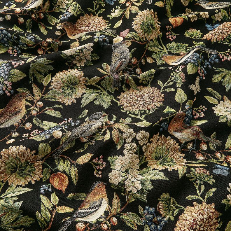 Tecido para decoração Gobelina flores e pássaros – preto/verde,  image number 2