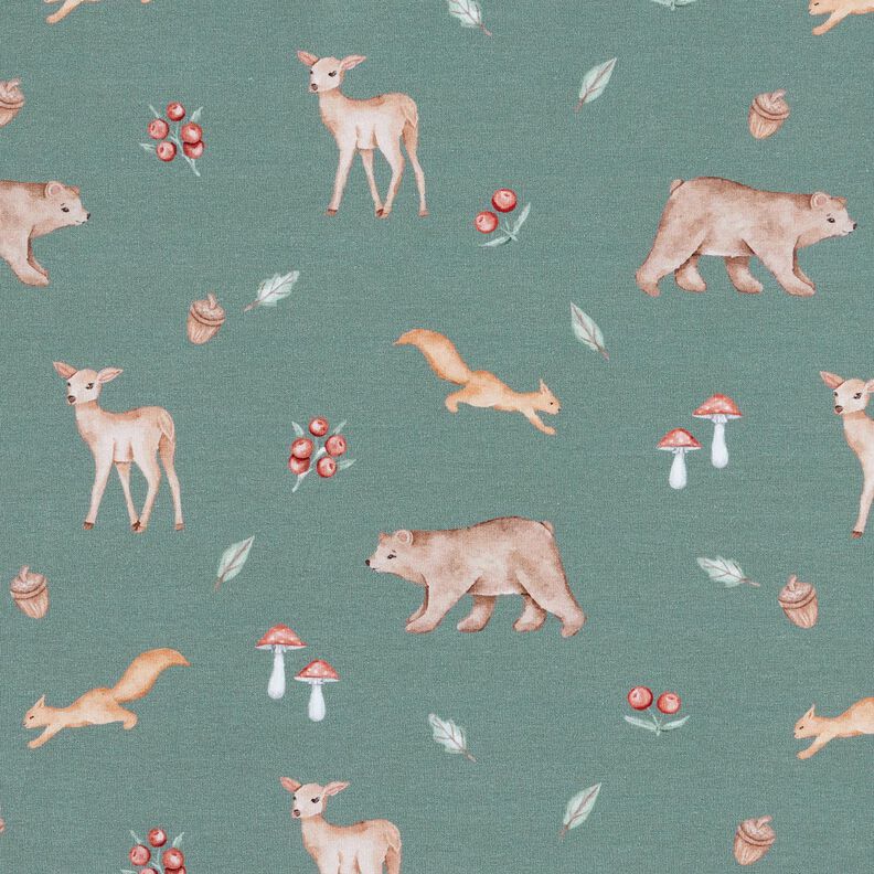 GOTS French Terry Sweat de verão Urso, veado, esquilo Impressão Digital – verde escuro,  image number 1