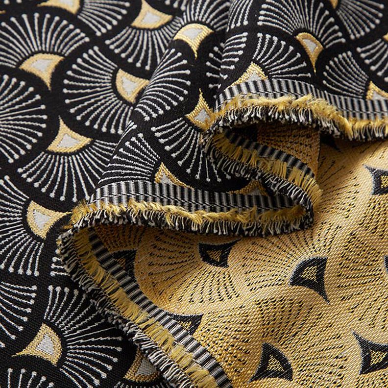 Tecido para decoração Jacquard Pequenos leques – preto/dourado,  image number 3