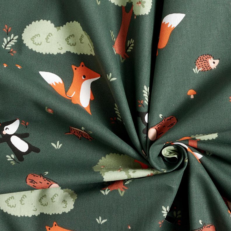 Popelina de algodão Animais da floresta felizes – verde escuro/laranja-pêssego,  image number 3