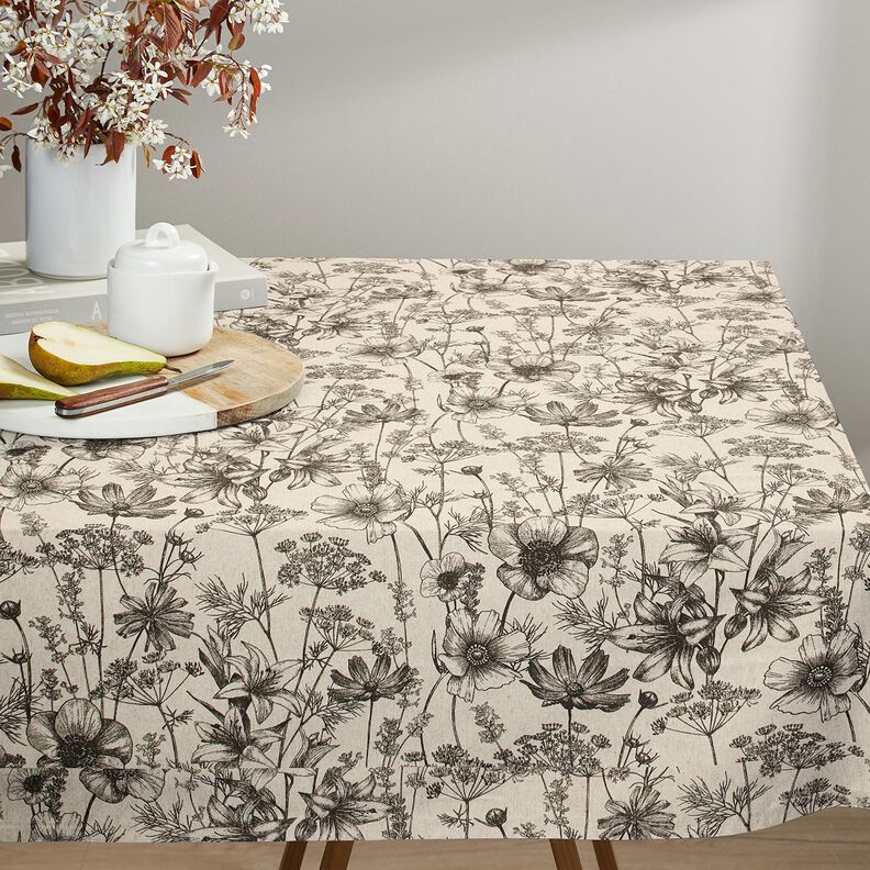 Tecido para decoração Meio linho Panamá Flores e ervas – natural/preto,  image number 7