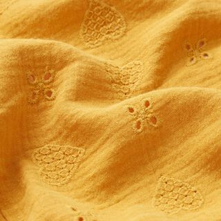 Musselina/ Tecido plissado duplo Bordado inglês Corações – amarelo-caril, 