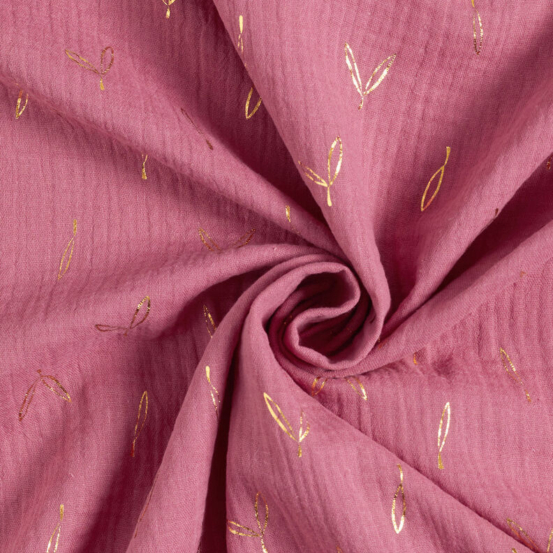 Musselina/ Tecido plissado duplo Estampado prateado Folhas – framboesa/dourado,  image number 4