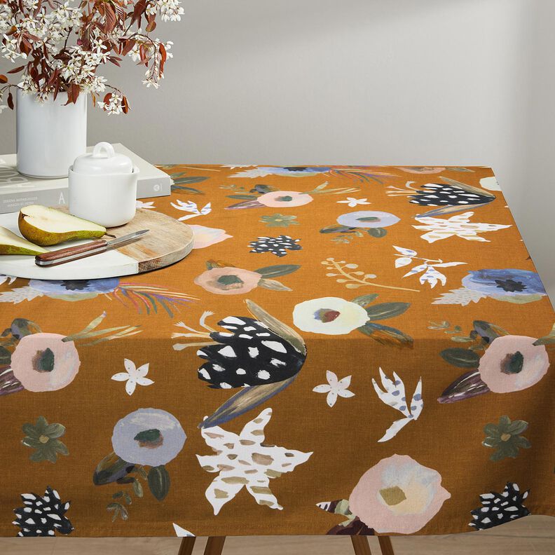 Tecido para decora&ccedil;&atilde;o Meio linho Panam&aacute; Grandes flores retro &ndash; cor de caramelo/caqui-claro,  image number 7