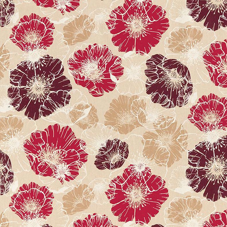 Tecido para decoração Meio linho Panamá Flores imponentes – carmin/natural,  image number 1
