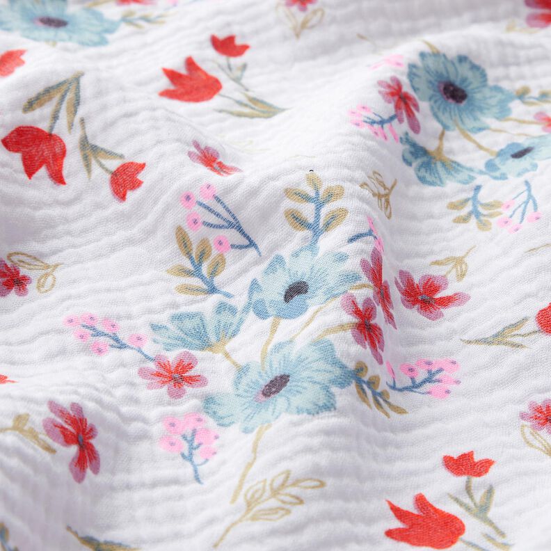 Musselina/ Tecido plissado duplo Flores da primavera com t&uacute;lipas &ndash; branco/laranja,  image number 2