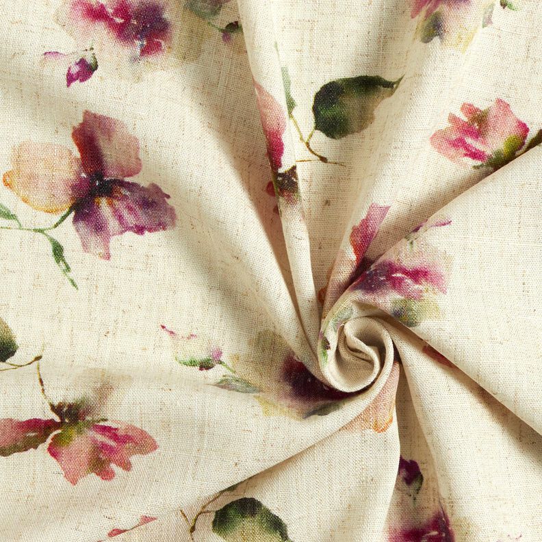 Mix de linho e viscose Flores em aguarela – natural/uva,  image number 3