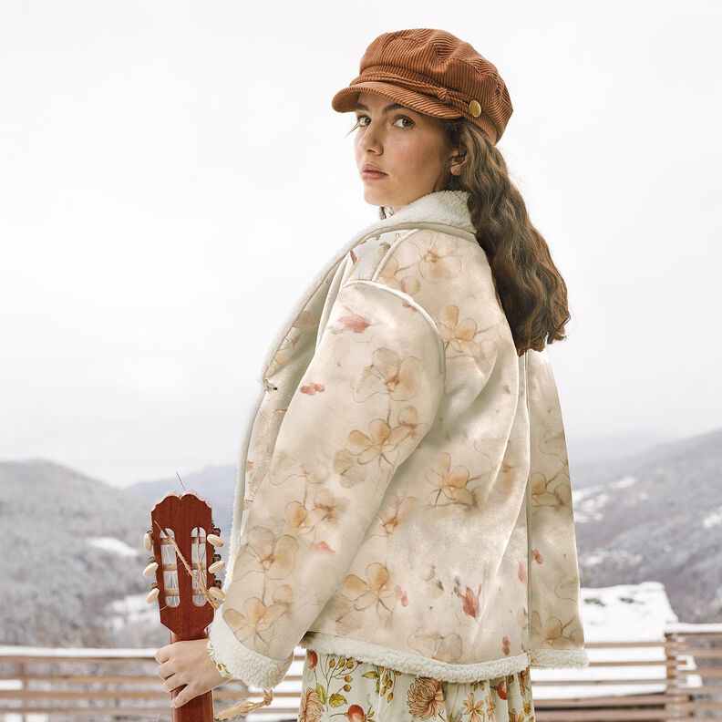 Tecido aveludado elástico com reverso Sherpa Flores delicadas | Katia Fabrics – natural,  image number 6