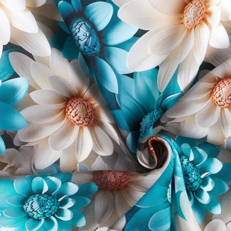 Tecido de viscose Flores de camomila Impress&atilde;o digital &ndash; natural/azul petr&oacute;leo claro,  image number 3