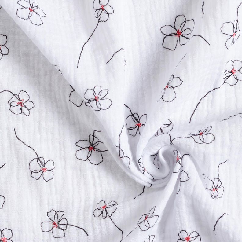 Musselina/ Tecido plissado duplo Papoilas pintadas &ndash; branco/preto,  image number 3