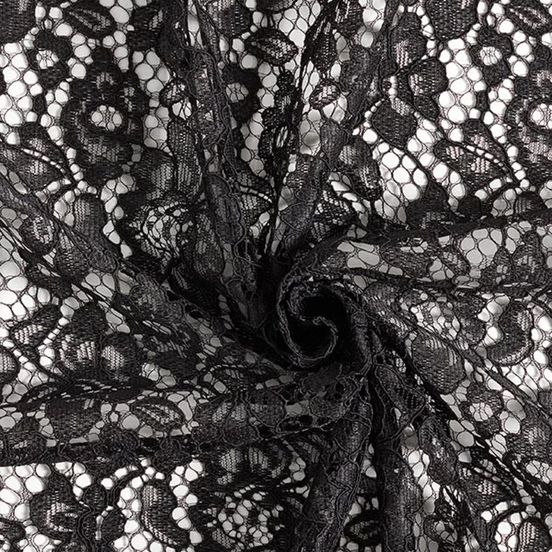 Tecido de renda às flores com rebordo arredondado em ambos os lados – preto,  image number 4